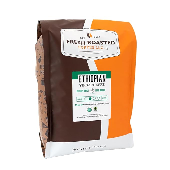 Fresh Roasted Coffee, Organic Ethiopian Yirgacheffe | USDA Organic, Mold & Myco 3rd Party Tested, Kosher | 5 lb (80 oz) Whole Bean