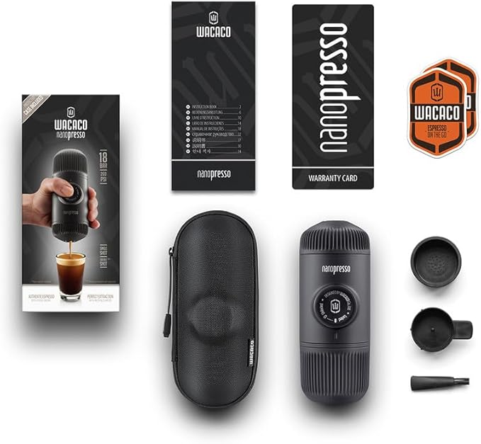 WACACO Nanopresso Portable Espresso Maker Bundled with Protective Case, Mini Travel Coffee Machine, Perfect for Camping, Travel and Officeç«?Blackç«?,<div>
