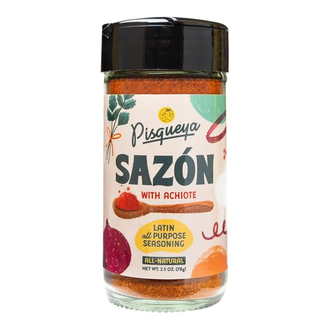 Pisqueya Sazón Seasoning, Made With Achiote. Adds Instant Flavor To Any Dish. Low Sodium, No Sugar, No MSG, Non-GMO, No Preservatives, No Artificial Coloring, No Artificial Flavors, 2.5oz, Pack of 1