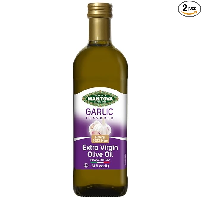 Mantova Garlic Extra Virgin Olive Oil (EVOO), Cold-Pressed and Imported from Italy 34 oz Glass Bottle - Flavorful Topping for Salads, Vegetables, and Pasta Dishes - Ideal for Dipping Italian Bread or Pan Frying - Convenient and Versatile (Pack of 2)