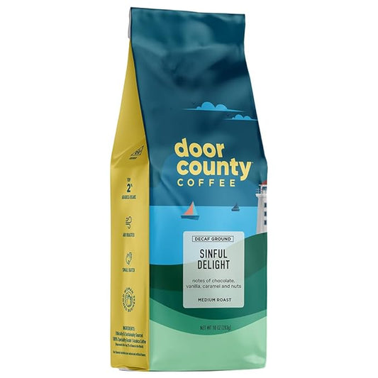Door County Coffee - Sinful Delight DECAF, Chocolate, Vanilla, Caramel and Hazelnut Flavored Ground Coffee - Medium Roast, 283g