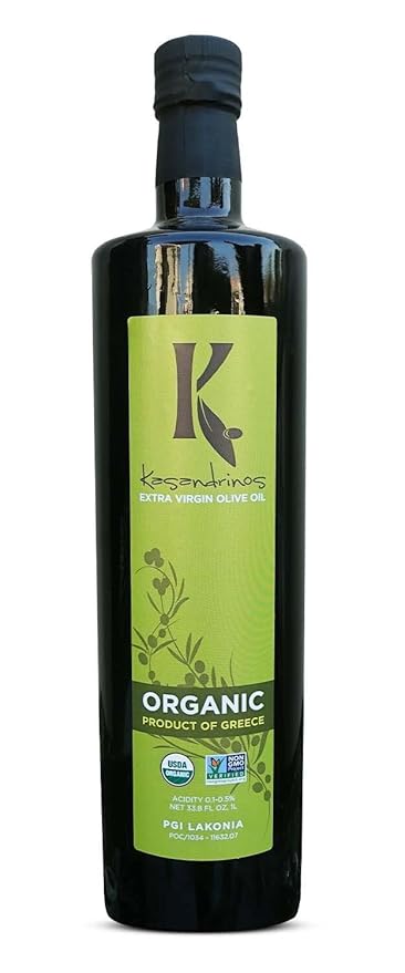 Kasandrinos Organic Olive Oil Extra Virgin, Polyphenol Rich Greek Olive Oil, 100% Organic First Cold Pressed, Mild + Delicate Flavor, Verified by Non GMO, 1 L / 33.8 oz