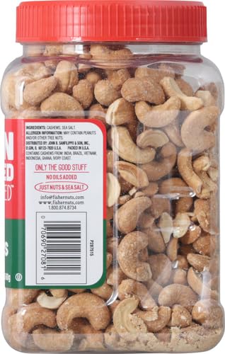 Fisher Oven Roasted Never Fried Whole Cashews, 24 Ounces (Pack of 2), Snacks for Adults, Made With Sea Salt, No Added Oils, Artificial Ingredients or Preservatives, Gluten Free, Vegan Protein, Bulk