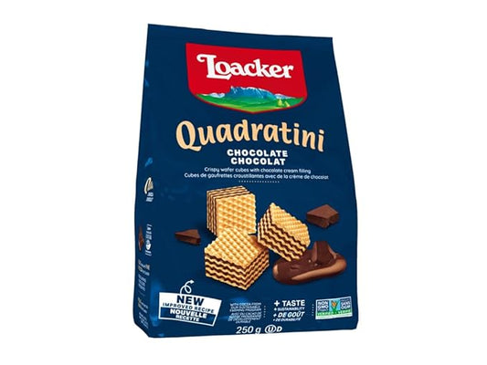 Loacker Quadratini Chocolate Wafer Cookies - 30% Less Sugar - Premium Crispy Bite Size Wafers with Chocolate Cream Filling - Resealable Family Pack - NON-GMO - Fine Flavor Cocoa from our Sustainable Farming Program - LARGE Snack Bag 250g/8.82oz