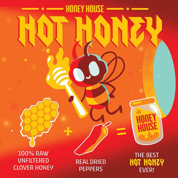 Honey House Hot Honey Premium Spicy Infused with Chili Peppers | 100% Natural with Natural Spices | Gourmet Sweet & Spicy Condiment for Pizza, Ice Cream, Cheese, Chicken, Veggies and More (Pack of 2)