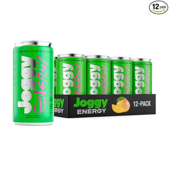 Joggy Clean Energy Drink | Solar Mango (12pk) | Organic Pre Workout Beverage with 150mg Guayusa Caffeine & No Added Sugar | Plant-Based, Gluten Free, Non-GMO, Vegan, Non-Jittery Focus Drink