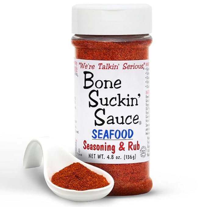 Bone Suckin' Seafood Seasoning & Rub, 4.8 Oz - For Frying, Grilling & Baking, Gluten-Free, Non-GMO, Kosher, Great on Shrimp, Salmon, Tuna, Tilapia, Pollock, Cod, Catfish, Clams, Crabs & More! Sugar Free & No Msg
