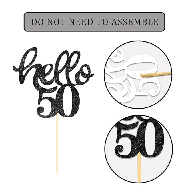 24 Pcs Black Glitter 50th Birthday Cupcake Toppers for 50th Birthday Celebrating Party Decorations