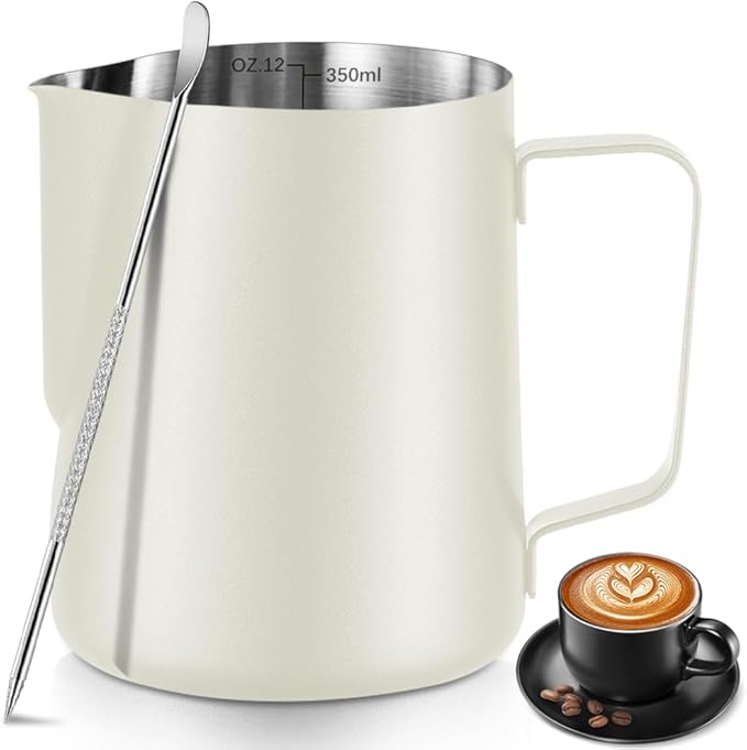 Frothing Milk Pitcher, 12 oz/350 ml Stainless Steel Frothing Milk Jug with Latte Art Pen,with Internal Measurements, for Cappuccino, Espresso and More竊늳hiteç«?,<div>
