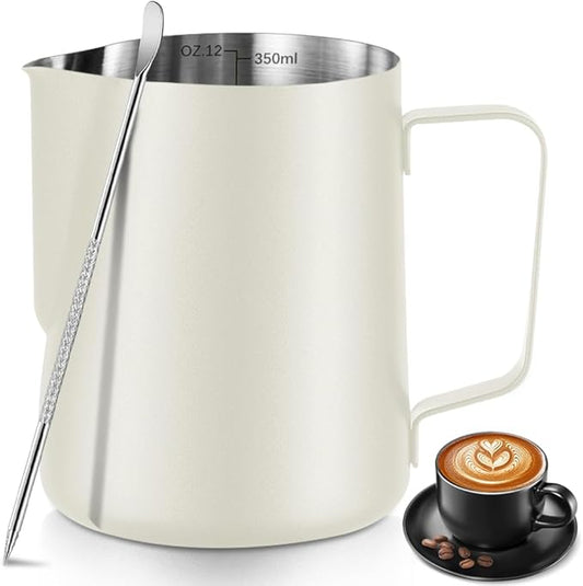 Frothing Milk Pitcher, 12 oz/350 ml Stainless Steel Frothing Milk Jug with Latte Art Pen,with Internal Measurements, for Cappuccino, Espresso and More竊늳hiteç«?,<div>