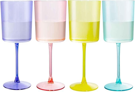 Ciaell 4 Pack Plastic Wine Glasses - 10 Oz Plastic Wine Glasses with Stem - Disposable Wine Glasses Perfect for Parties & Weddings & Poolside & Outdoors & Camping(Pink Green Purple Yellow)