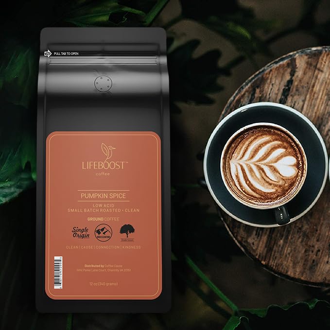 Lifeboost Pumpkin Spice Coffee Whole Bean ??Organic, Low Acid, Non-GMO - Cozy Fall Time Blend ??Single Origin Medium Roast, Mycotoxin-Free Flavored Coffee, 12 oz