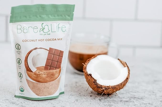 Bare Life: Dairy Free Coconut Hot Cocoa Mix Pouch | Gluten Free, Vegan, USDA Organic, Plant Based, Paleo, Soy Free, Corn Free, Lactose Free, Kosher Pareve, Refined Sugar Free, Hot Chocolate - Just Add Hot Water, 9.52 oz.