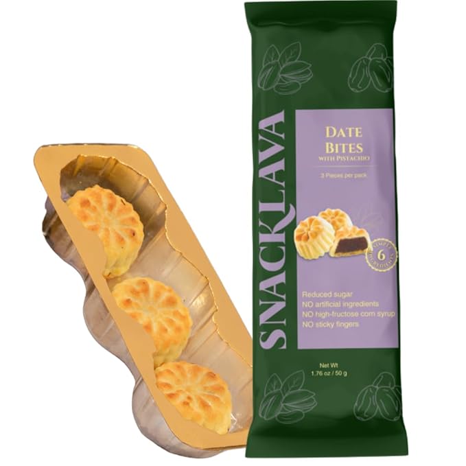 Snacklava Pistachio Date Bites - 20 Pack (3 Pieces per Pack) - Pistachio and Date Filled Maamoul Shortbread Cookies - No Artificial Ingredients, Colors or Preservatives