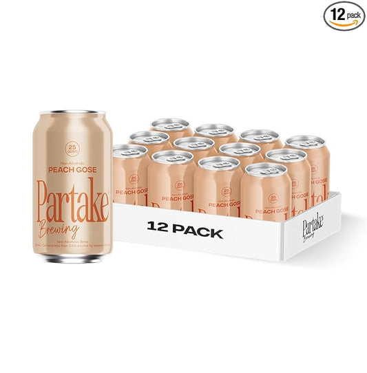 Partake Brewing Non Alcoholic Craft Brew, Peach Gose, 12 Pack - 12 Ounce Cans, Low Calorie, All Natural Ingredients