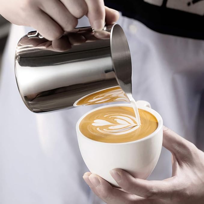 CAMKYDE Stainless Steel Milk Frothing Pitcher 32 oz, Espresso Steaming Pitcher with Decorating Pen for Espresso Machines, Cappuccino, Latte Art A Silver