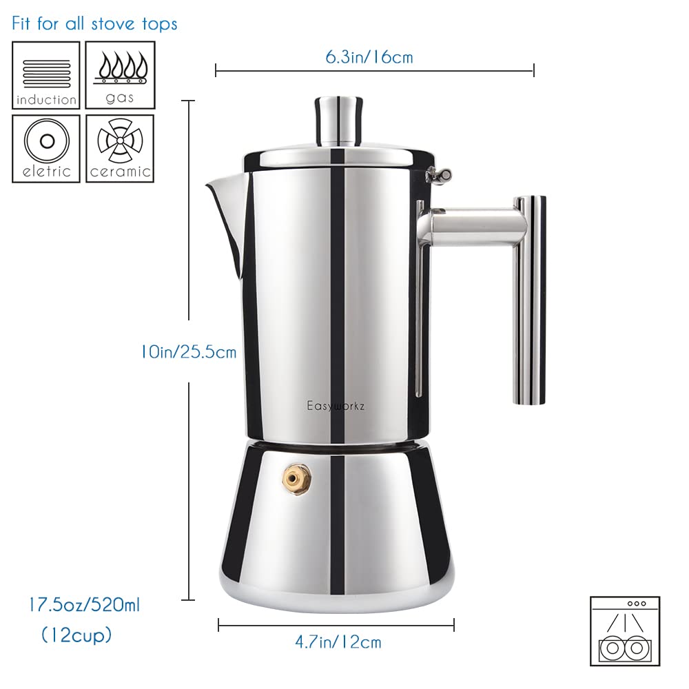Easyworkz Diego Stovetop Espresso Maker Stainless Steel Italian Coffee Machine Maker 12Cup 17.5 oz