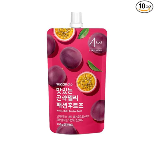 Sugarlolo Konjac Sweet Passion Fruit Jelly Snack - Vegan Jello with Zero Sugar | Only 4 Calories per Pouch | Low Calorie Korean Snacks | 5.29 Oz (150g) | 10 Pack