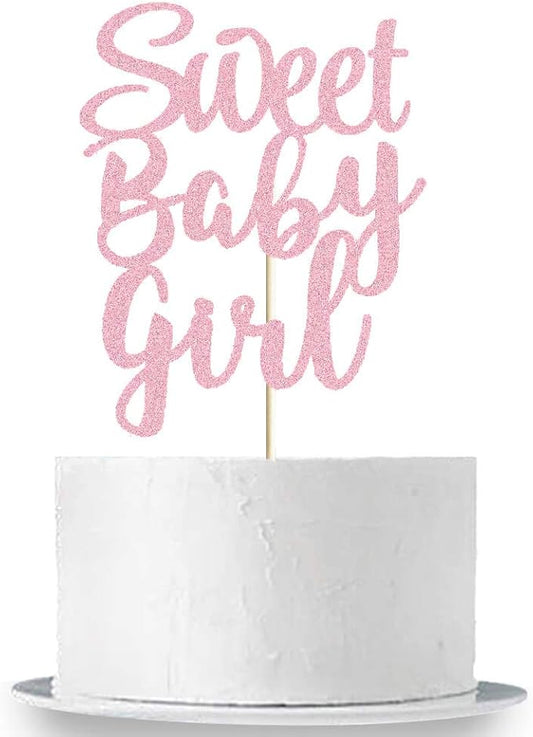 Sweet Baby Girl Cake Topper Rose Gold Glitter Girl Newborn Gender Reveal Cake Decor Cheers to Baby Show/Baby One Month/Hundred Days/Girl 1st Birthday Party Cake Supplies Decorations