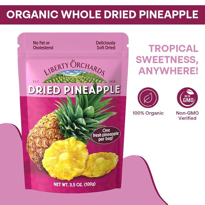Liberty Orchard Organic Whole Dried Pineapple - Deliciously Sweet Dried Fruit Snack Packed with Fiber & Vitamins Vitamins - Healthy Snack Ideal for Smoothies, Salads, & Baking - 5 Pack