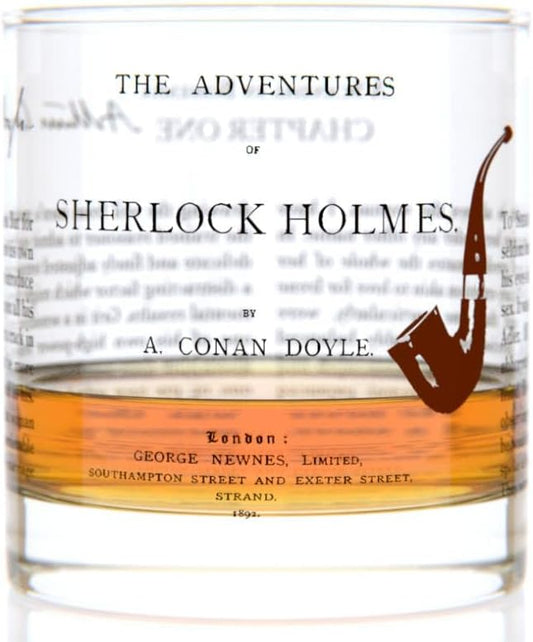 Well Told Classic Literature Rocks Glass - The Adventures of Sherlock Holmes by Arthur Conan Doyle - Old Fashioned Whiskey Glass Gift for Book Lovers (11 oz)