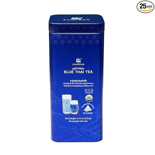 Suwirun Organic Blue Thai Tea 25 Bags ??Naturally Blue Butterfly Pea Tea ??Floral Aroma with Vanilla & Green Tea ??Great for Hot, Iced & Milk Tea