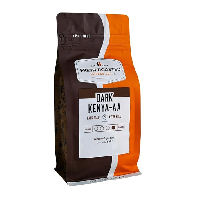 Fresh Roasted Coffee, Dark Kenya AA, 12 oz, Dark Roast, Kosher, Whole Bean