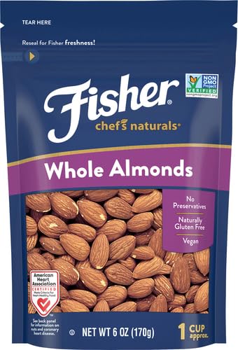 Fisher Chef’s Naturals Whole Almonds, 6 oz Resealable Bag, Unsalted Raw Nuts for Baking & Cooking, Healthy Snacks for Adults, Vegan Protein, Keto Snack, Gluten Free