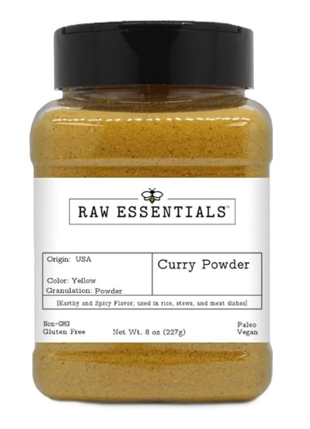 Raw Essentials Curry Powder – Earthy & Spicy Flavor – Ideal for Indian & Asian Dishes – Great in Stews, Rice, Meat, & Veggies – Non-GMO, Gluten-Free, Paleo, Vegan – 8oz Bottle