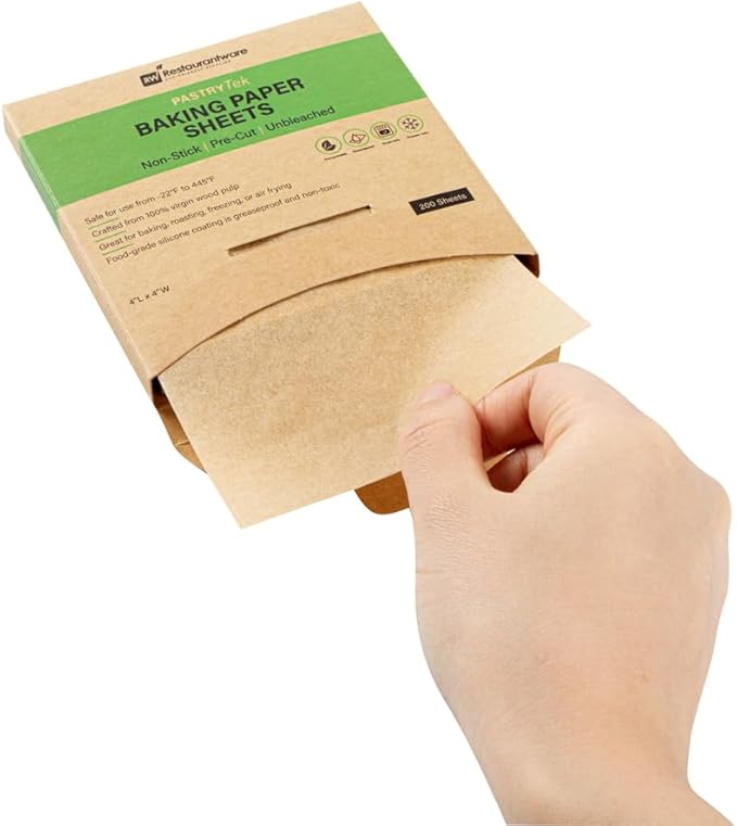 Restaurantware Pastry Tek 4 x 4 Inch Parchment Paper Sheets 200 Greaseproof Baking Sheets For Oven - Pre-cut Double-Sided Silicone Coating Unbleached Paper Nonstick Baking Sheets Reusable