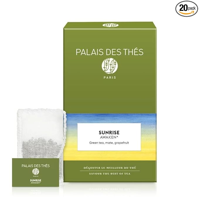 Palais des Th챕s - Sunrise Wake Up - Green Tea, Mate & Grapefruit - 20 Cotton Tea Bags, Serves 20 Cups