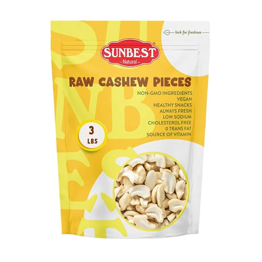Sunbest Natural Raw Cashew Pieces ??3 lb Bulk Bag (48 oz) ??Raw Unsalted Cashew Nuts ??Unroasted, Vegan, Gluten-Free, Non-GMO ??Bulk Pieces for Snacking, Cooking & Baking