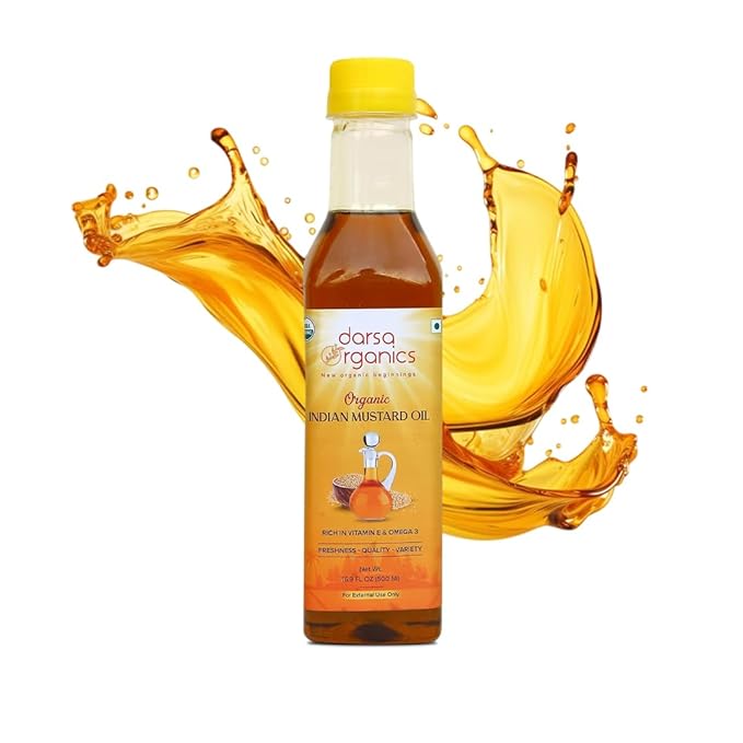 Darsa Organics Cold-Pressed Mustard Oil 16.9 oz (500ml) ??USDA Organic, Unrefined & Chemical-Free, Rich in Vitamin E & Omega-3, Great for Hair & Skin Care, Natural Massage & Remedies