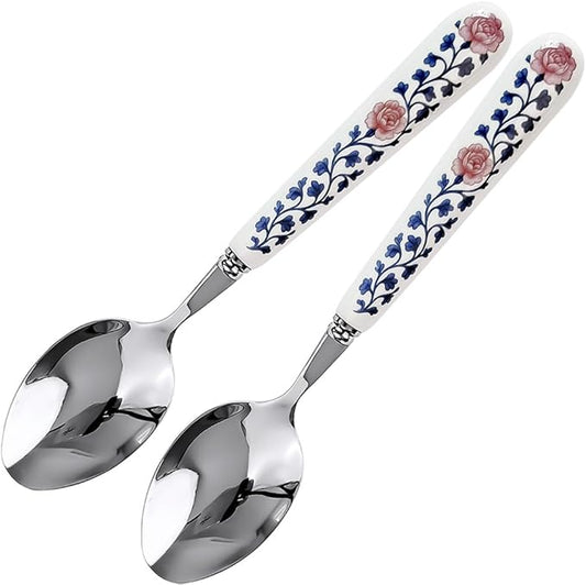 20cm 8inch Dinner Spoon 18-10 Stainless Steel Mirror Smooth Polished Ceramic Handle,Peony Pastoral Whisper Style Table Spoons, SUS304 Soup Spoon (2 PCS Spoons-Peony)