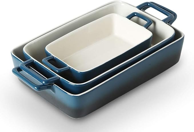 KOOV Bakeware Set, Ceramic Baking Dish, Rectangular Baking Pans Set, Casserole Dish for Cooking, Cake Dinner, Kitchen, Wrapping Upgrade, 12 x 8.5 Inches, 3-Piece (Gradient Blue)