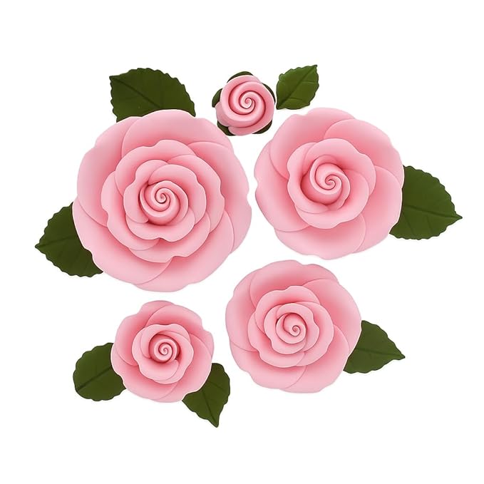 Global Sugar Art Exquisite Rose & Leaf Tray Edible Sugar Cake Flowers, Pink 20 Count Unwired by Chef Alan Tetreault