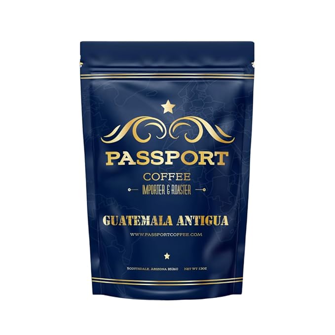 Passport Coffee Guatemala Antigua ??Medium roast Arabica from the Antigua Region. Flavor notes of cocoa, caramel, citrus. Premium whole bean coffee, 12oz Bag