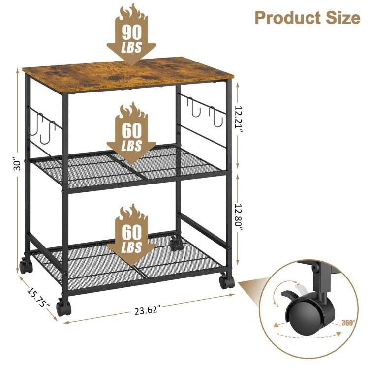 ThreeHio Rolling Kitchen Microwave Cart, 3 Tier Microwave Table Stand with Storage, Kitchen Utility