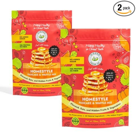 Hidden Foods Homestyle Pancake Mix and Waffle Mix | Thick & Fluffy Pancake with Oats, Flaxseed & Hidden Fruits & Veggies | Rich in Protein, Fiber and Vitamins | Breakfast Meal Just Add Water - 2 Pack