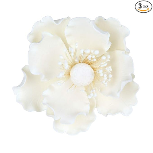 O'Creme Gumpaste Anemone Flower Set of 3 White - Edible Flowers for Cake Decorating - Sugar Paste Flower Decorations for Cakes, Cupcake Toppers - Birthday Party, Wedding, Valentines Day, Baby Shower