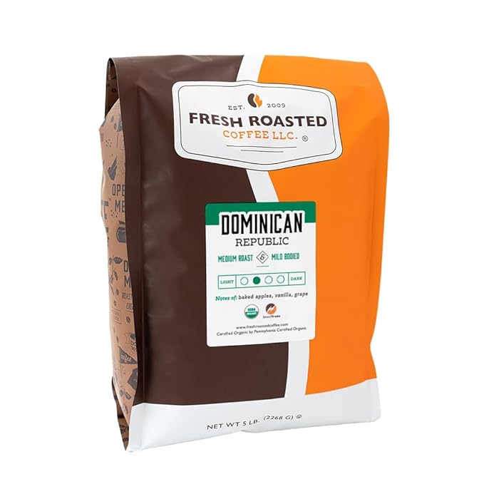 Fresh Roasted Coffee, Organic Dominican Republic | USDA Organic, Direct Trade, Kosher | Medium Roast 5 lb, Whole Bean