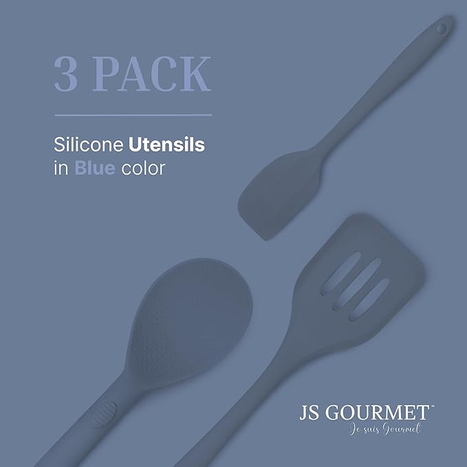 Silicone Utensils 3-Piece Set ??Rubber Spatula, Slotted Turner, and Rice Paddle ??Complete Heat-Resistant Set for Non-Stick Cookware ??Kitchen Tools and Accessories for Cooking & Baking ??Blue