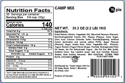 Yupik Camp Trail Mix, 2.2 lb, A mix of raisins, papaya, almonds, peanuts, walnuts, yogurt covered raisins, and candy covered peanuts (Pack of 2)