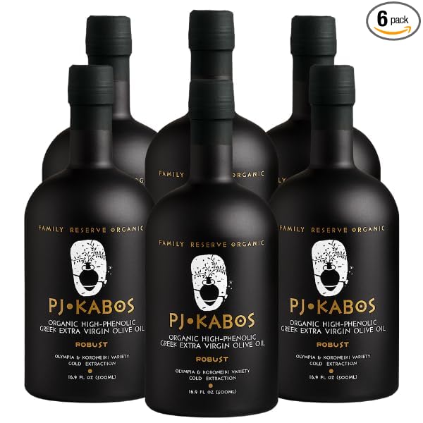 P.J. KABOS 2024/25 Harvest, Very High Phenolic (750+mg/kg), USDA Organic Greek Extra Virgin Olive Oil, Kosher, Greece, Cold Extracted, 16.9 oz Bottle, "Family Reserve Organic - Robust" (6-Pack)