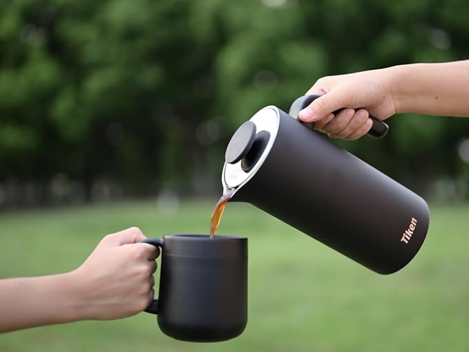 Tiken French Press Coffee Maker Stainless Steel Double-wall Vacuum Insulated Coffee Press Dishwasher Safe, 34Oz Black