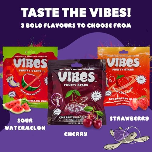 VIBES Sour Watermelon Chill Fruity Stars - Delicious Low Calorie Gluten-Free Bulk Fruit Snacks - High Fiber Healthy Fruit Snacks for Kids, Teens, & Adults -2g Sugar - 6 Packs of 18 Fruit Gummies