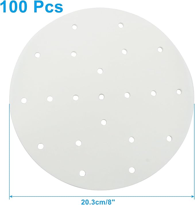 100 Pack 8 Inch Bamboo Steamer Liner - Round Air Fryer Parchment Paper with Holes - White Non Stick Steamer Paper for Air Fryer Basket, Oven, Microwave, Bamboos Steamer