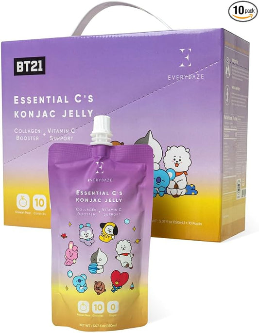 EVERYDAZE BT21 Essential C?셲 Konjac Jelly | Korean Pear | Vegan Collagen Peptides and Vitamin C | Gluten Free, Sugar Free, Low Calorie | Healthy Drinkable Fruit Snack | 10 Pack Box Food Drink Pouch