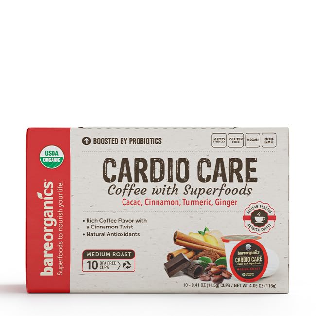 BareOrganics 13313 Cardio Care USDA Organic Coffee Pods, Compatible Organic Coffee Pods, Infused with Superfoods & Probiotics, Vegan Friendly, Gluten Free, 10 Single Serve Cups