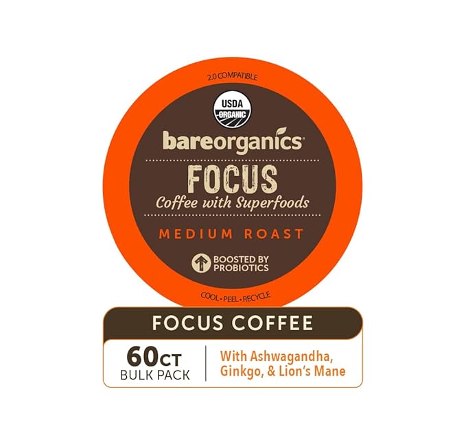 BareOrganics Focus Coffee Pods With Superfoods & Probiotics | Compatible | USDA Certified Organic, Vegan, Non-GMO & Recyclable Single Serve 10ct (Pack of 6)